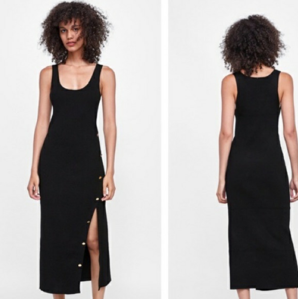 Zara Knit Dress Buttons Side Slit M